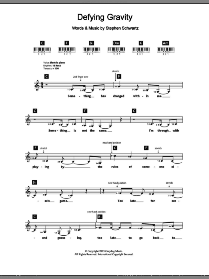 Defying Gravity (from Wicked) sheet music for piano solo (chords, lyrics, melody) by Stephen Schwartz and Wicked (Musical), intermediate piano (chords, lyrics, melody)