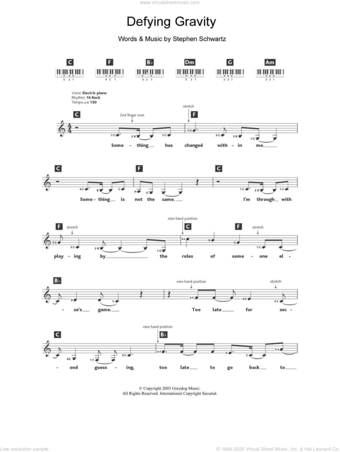 Defying Gravity (from Wicked) sheet music for piano solo (chords, lyrics, melody) by Stephen Schwartz and Wicked (Musical), intermediate piano (chords, lyrics, melody)