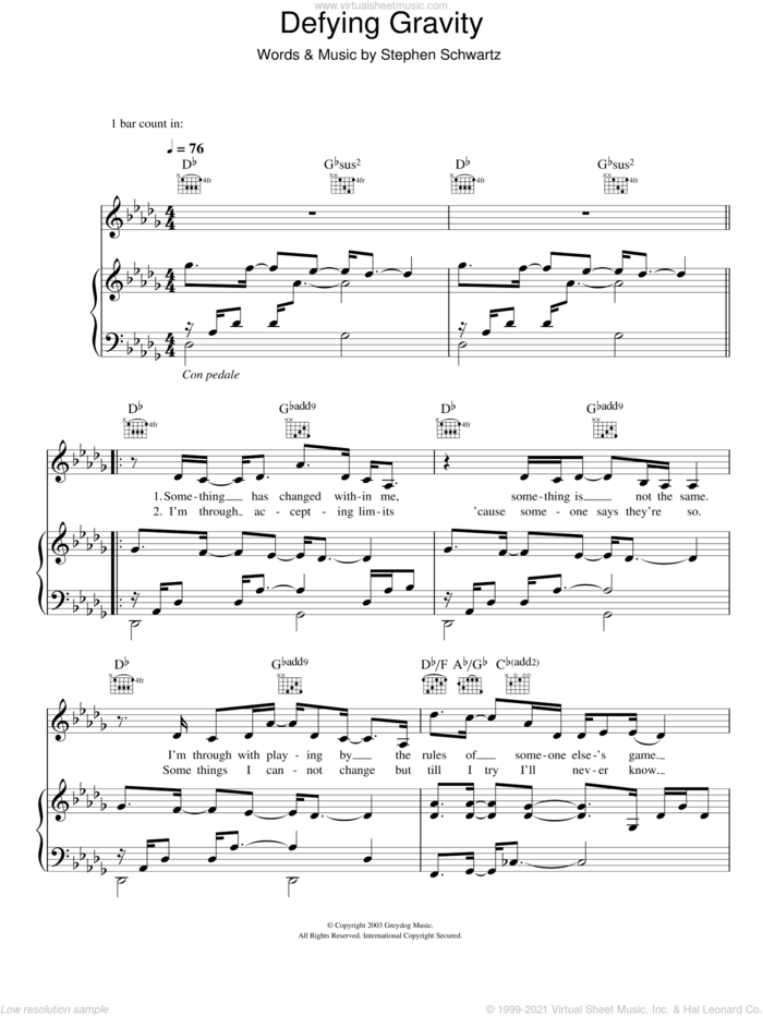 Defying Gravity (from Wicked) sheet music for voice, piano or guitar by Glee Cast, Wicked (Musical) and Stephen Schwartz, intermediate skill level