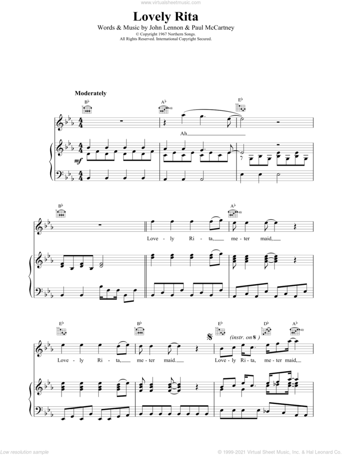Lovely Rita sheet music for voice, piano or guitar by The Beatles, intermediate skill level