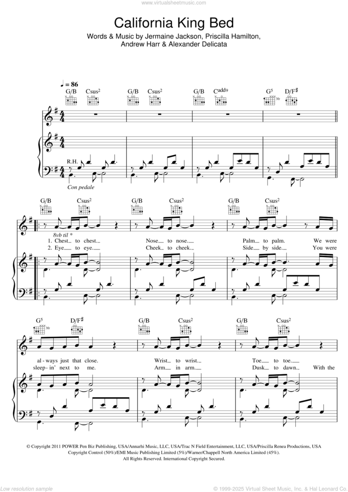 California King Bed sheet music for voice, piano or guitar by Rihanna, Alexander Delicata, Andrew Harr, Jermaine Jackson and Priscilla Hamilton, intermediate skill level