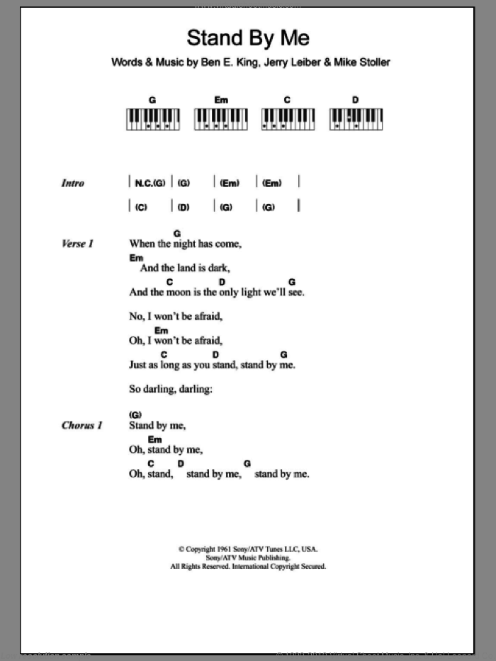 Stand By Me sheet music for piano solo (chords, lyrics, melody) by Ben E. King, Jerry Leiber and Mike Stoller, intermediate piano (chords, lyrics, melody)