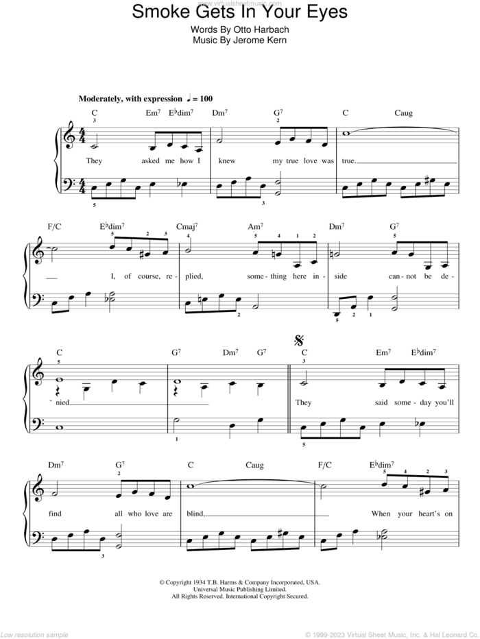 Smoke Gets In Your Eyes, (easy) sheet music for piano solo by The Platters, Jerome Kern and Otto Harbach, easy skill level