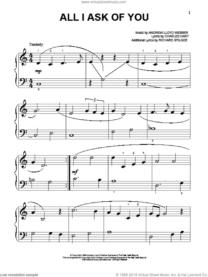 All I Ask Of You (from The Phantom Of The Opera), (beginner) (from The Phantom Of The Opera) sheet music for piano solo by Andrew Lloyd Webber, The Phantom Of The Opera (Musical), Charles Hart and Richard Stilgoe, wedding score, beginner skill level