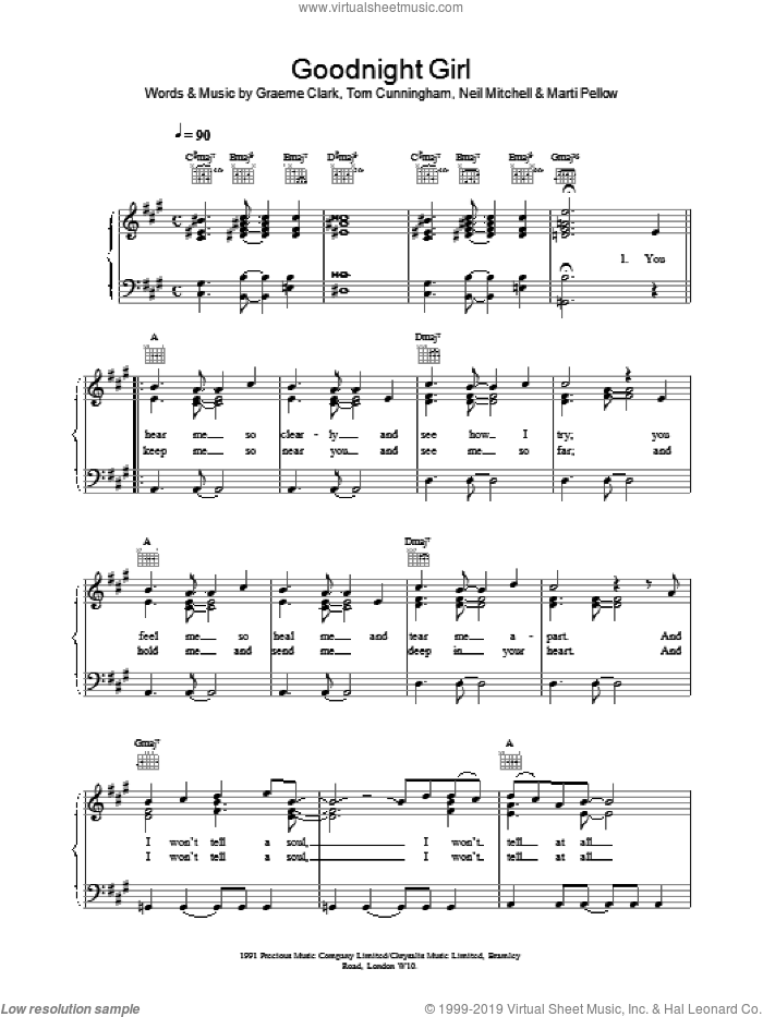 Goodnight Girl sheet music for voice, piano or guitar by Clark,G, Wet Wet Wet, Mitchell,N & Pellow,M and Tom Cunningham, intermediate skill level
