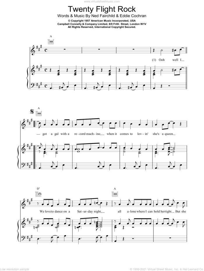 Twenty Flight Rock sheet music for piano solo by Eddie Cochran and Ned Fairchild, intermediate skill level