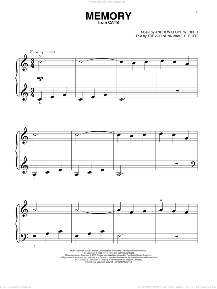 Memory (from Cats) sheet music for piano solo by Andrew Lloyd Webber and Cats (Musical), beginner skill level