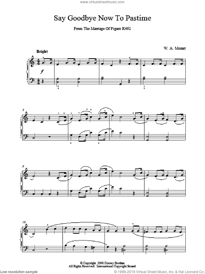 Say Goodbye Now To Pastime From The Marriage Of Figaro K492 sheet music for piano solo by Wolfgang Amadeus Mozart, classical score, intermediate skill level