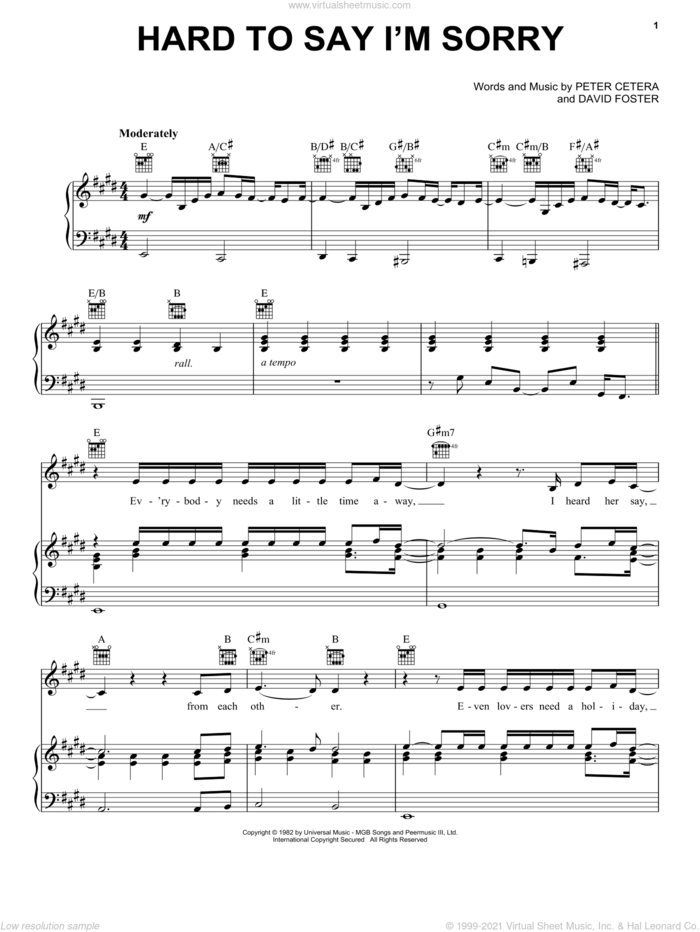 Hard To Say I'm Sorry sheet music for voice, piano or guitar by Chicago, Az Yet, David Foster and Peter Cetera, intermediate skill level
