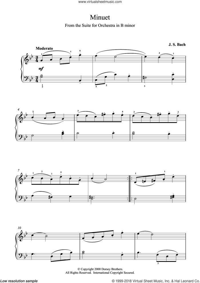 Minuet (from Orchestral Suite No. 2 in B Minor) sheet music for piano solo by Johann Sebastian Bach, classical score, intermediate skill level