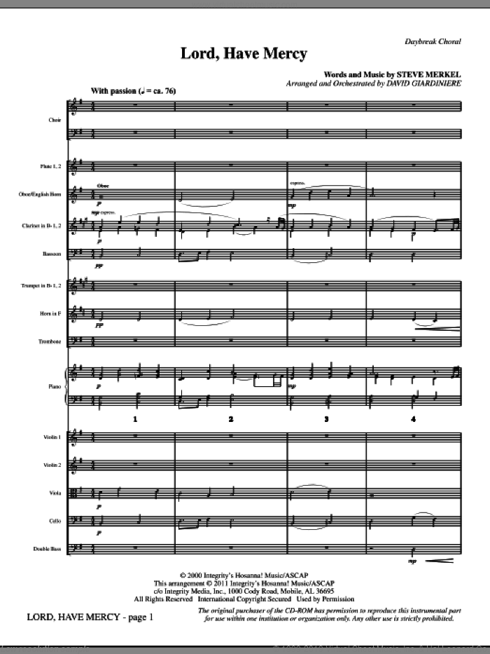 Lord Have Mercy (complete set of parts) sheet music for orchestra/band (Orchestra) by Steve Merkel, David Giardiniere and Michael W. Smith, intermediate skill level