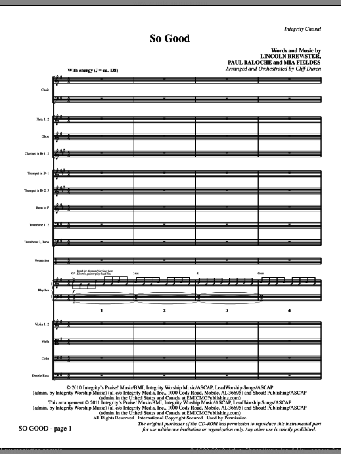 So Good (complete set of parts) sheet music for orchestra/band (Orchestra) by Paul Baloche, Cliff Duren, Lincoln Brewster and Mia Fieldes, intermediate skill level