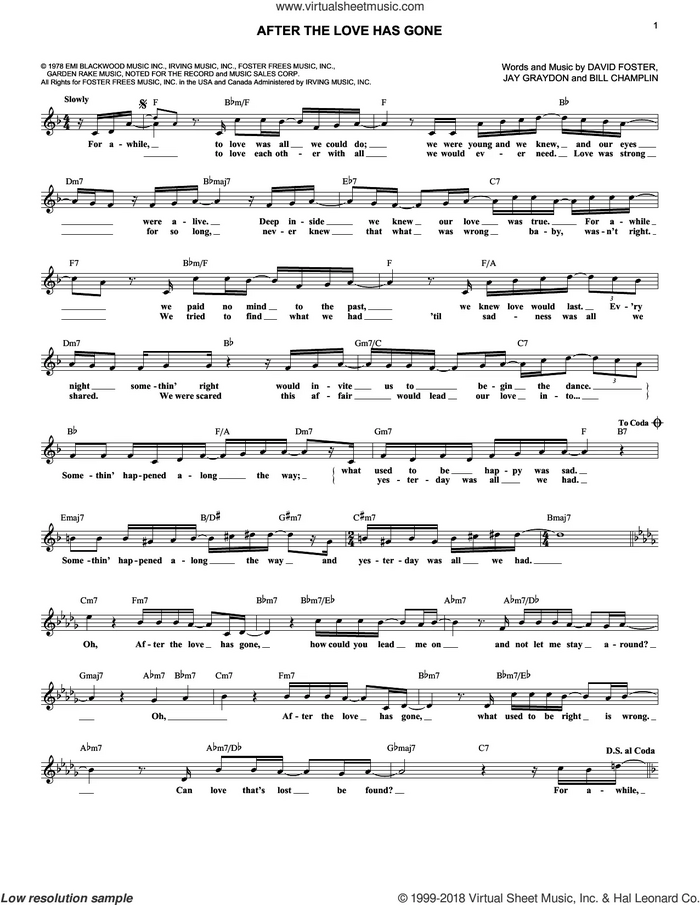 After The Love Has Gone sheet music for voice and other instruments (fake book) by Earth, Wind & Fire, Bill Champlin, David Foster and Jay Graydon, intermediate skill level