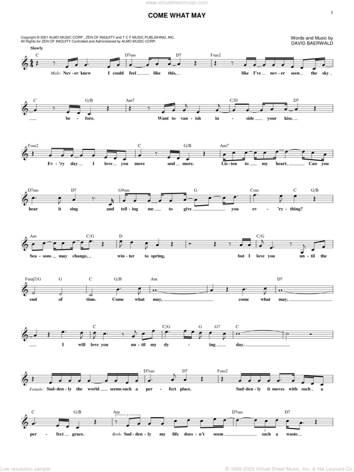 Come What May (from Moulin Rouge) sheet music for voice and other instruments (fake book) by Nicole Kidman and Ewan McGregor, Nicole Kidman & Ewan McGregor and David Baerwald, intermediate skill level