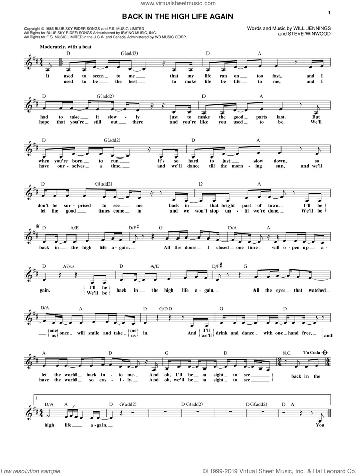 Back In The High Life Again sheet music for voice and other instruments (fake book) by Steve Winwood and Will Jennings, intermediate skill level