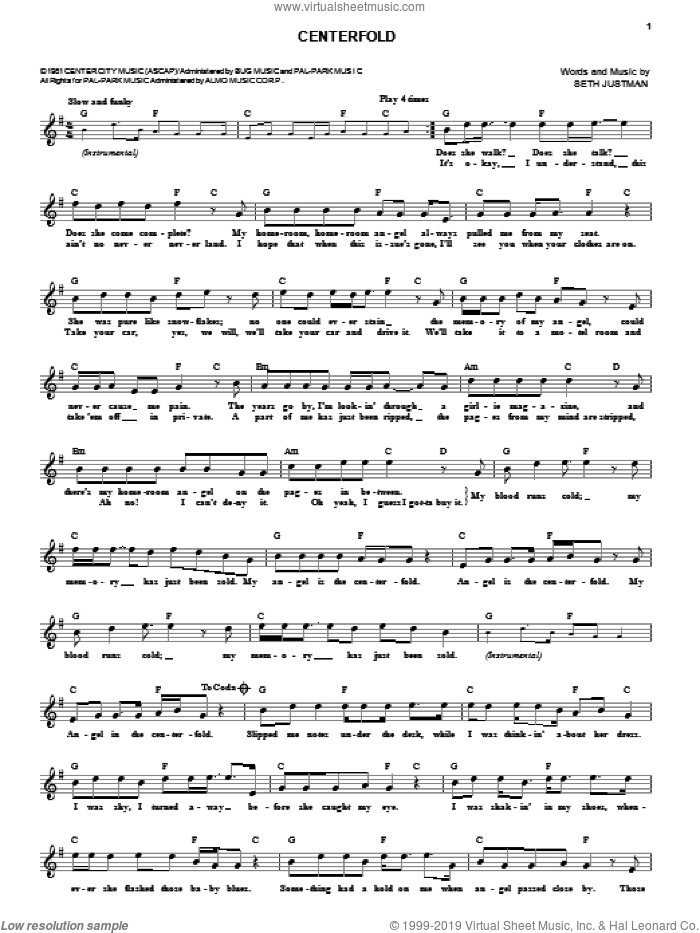 Centerfold sheet music for voice and other instruments (fake book) by J. Geils Band and Seth Justman, intermediate skill level