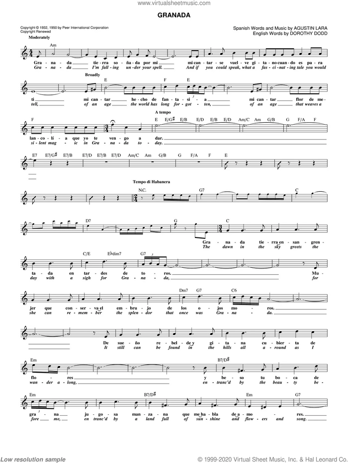 Granada sheet music for voice and other instruments (fake book) by Agustin Lara, intermediate skill level