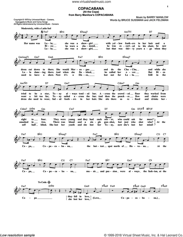Copacabana (At The Copa) sheet music for voice and other instruments (fake book) by Barry Manilow, Bruce Sussman and Jack Feldman, intermediate skill level