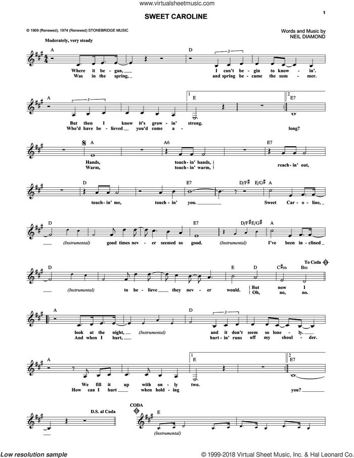 Sweet Caroline sheet music for voice and other instruments (fake book) by Neil Diamond, intermediate skill level