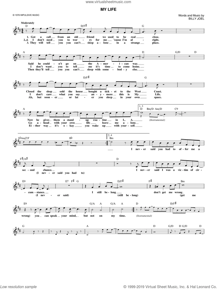 My Life sheet music for voice and other instruments (fake book) by Billy Joel, intermediate skill level