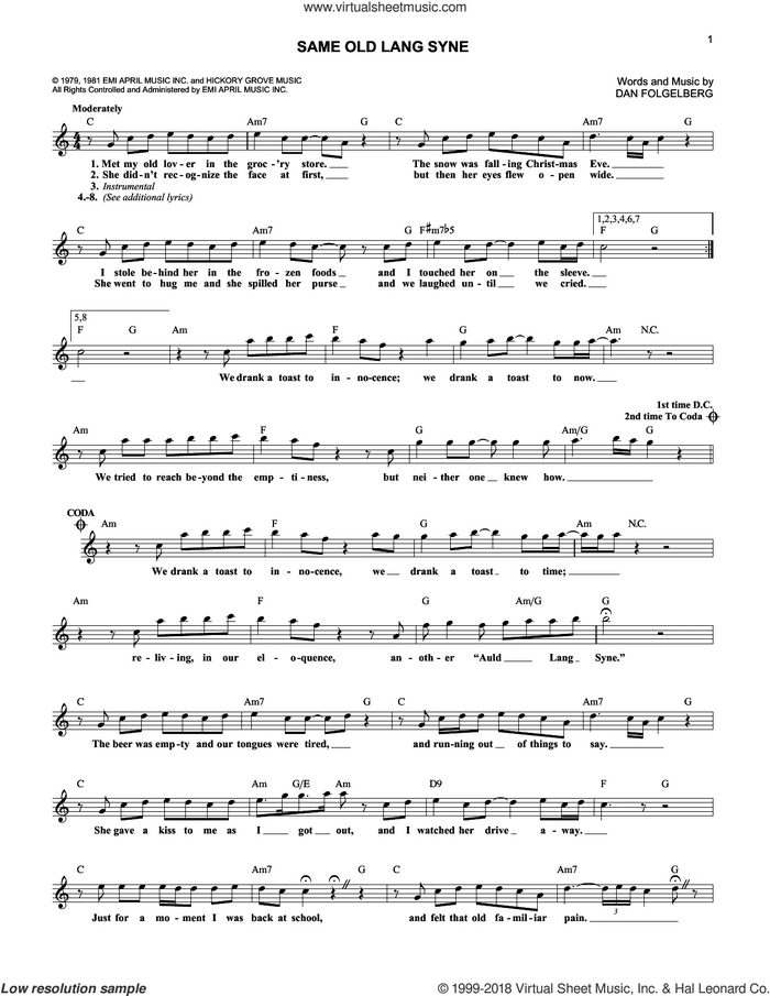 Same Old Lang Syne sheet music for voice and other instruments (fake book) by Dan Fogelberg, intermediate skill level