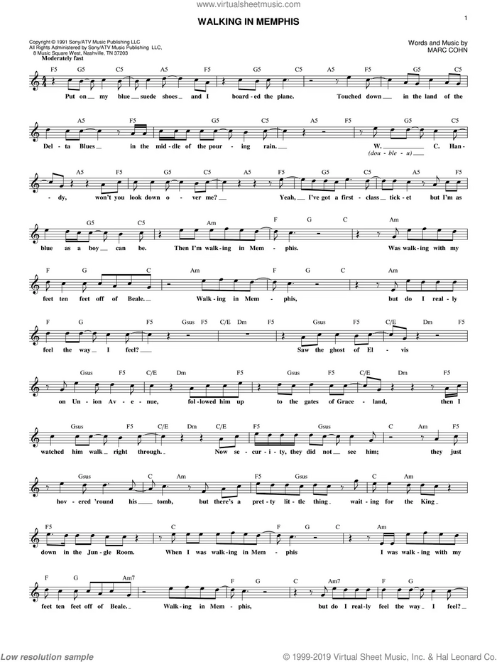 Walking In Memphis sheet music for voice and other instruments (fake book) by Marc Cohn, intermediate skill level
