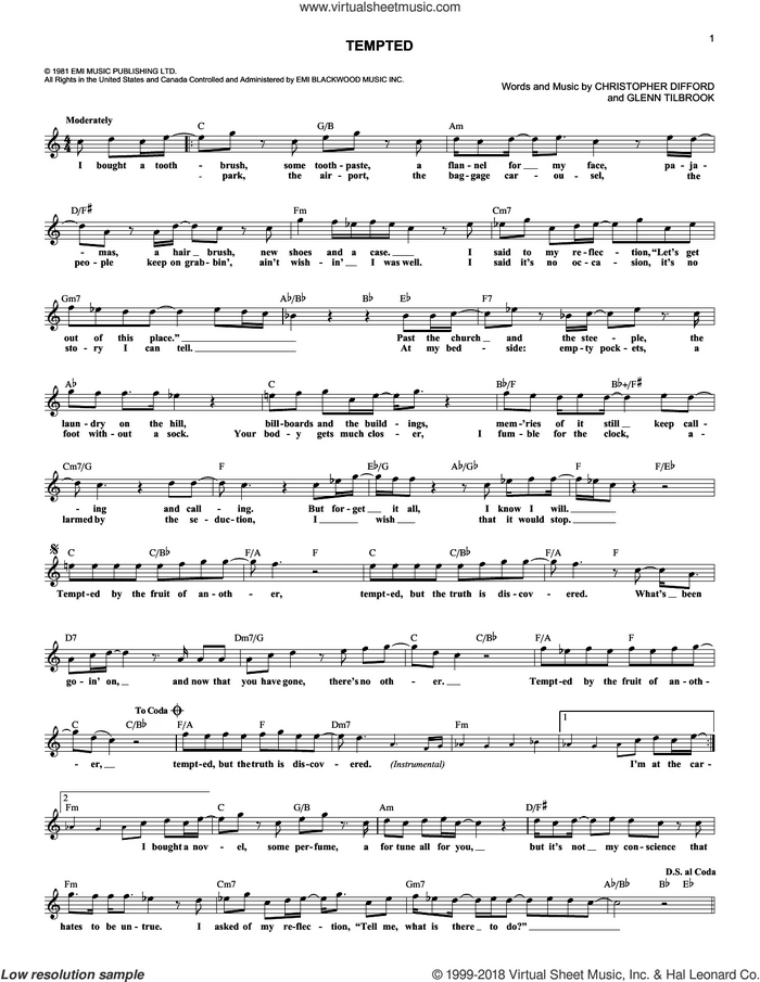 Tempted sheet music for voice and other instruments (fake book) by Squeeze, Joe Cocker, Christopher Difford and Glenn Tilbrook, intermediate skill level