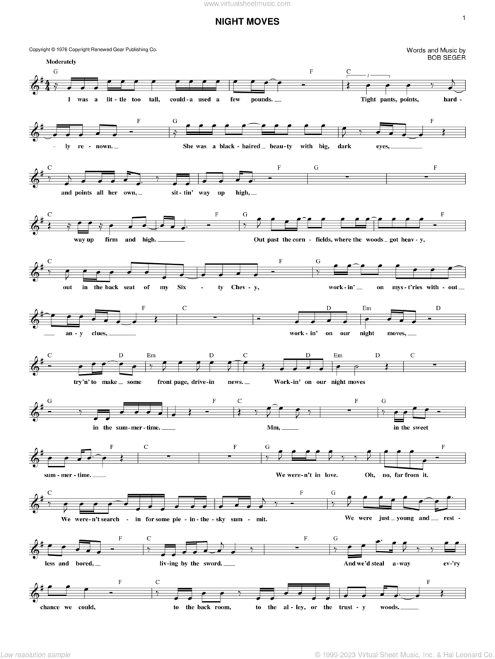 Night Moves sheet music for voice and other instruments (fake book) by Bob Seger, intermediate skill level