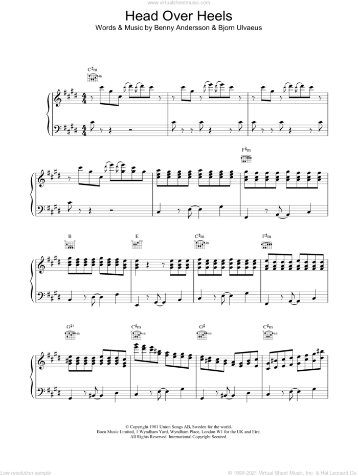 Head Over Heels sheet music for voice, piano or guitar by ABBA and Bjorn Ulvaeus, intermediate skill level