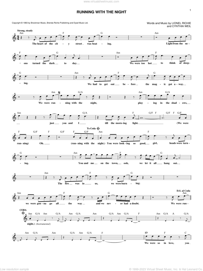 Running With The Night sheet music for voice and other instruments (fake book) by Lionel Richie and Cynthia Weil, intermediate skill level