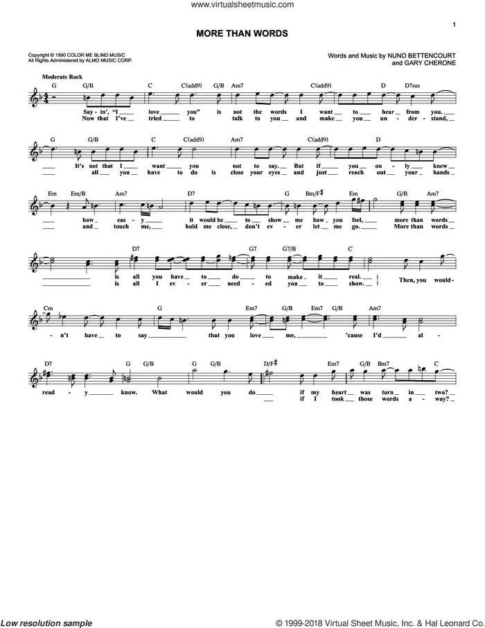 More Than Words sheet music for voice and other instruments (fake book) by Extreme, Gary Cherone and Nuno Bettencourt, wedding score, intermediate skill level