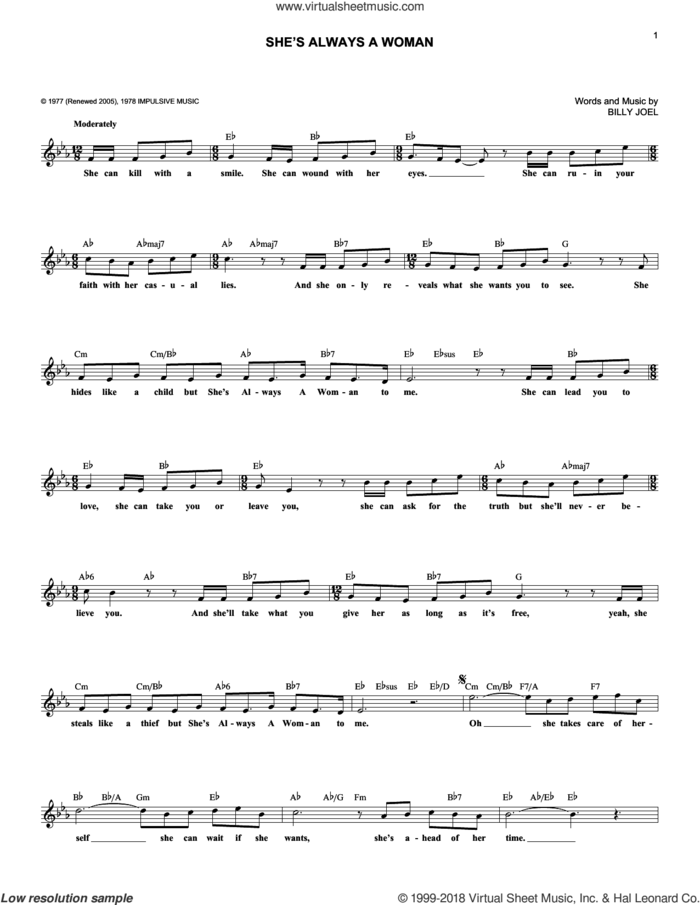 She's Always A Woman sheet music for voice and other instruments (fake book) by Billy Joel, intermediate skill level