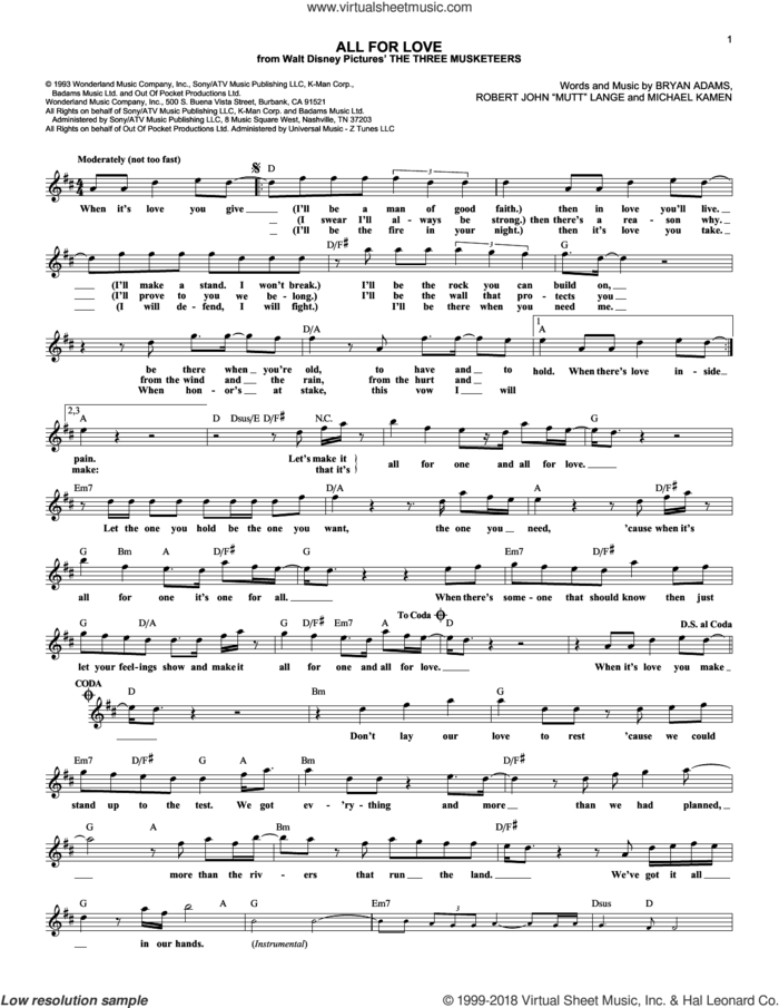 All For Love sheet music for voice and other instruments (fake book) by Bryan Adams, Rod Stewart & Sting, Bryan Adams, Michael Kamen and Robert John Lange, wedding score, intermediate skill level