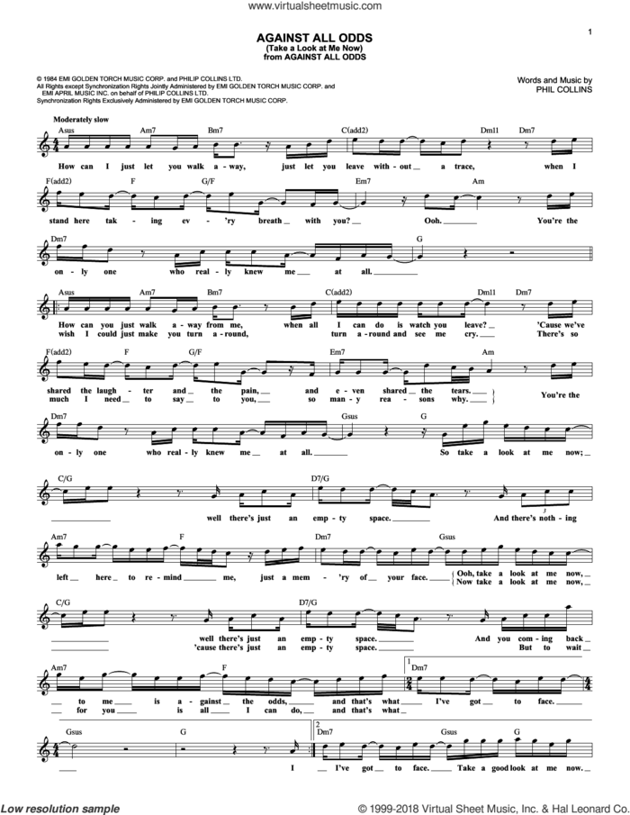 Against All Odds (Take A Look At Me Now) sheet music for voice and other instruments (fake book) by Phil Collins, intermediate skill level