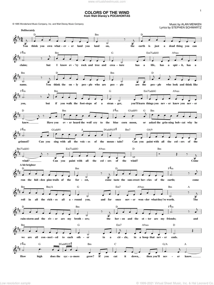 Colors Of The Wind (from Pocahontas) sheet music for voice and other instruments (fake book) by Vanessa Williams, Alan Menken and Stephen Schwartz, intermediate skill level