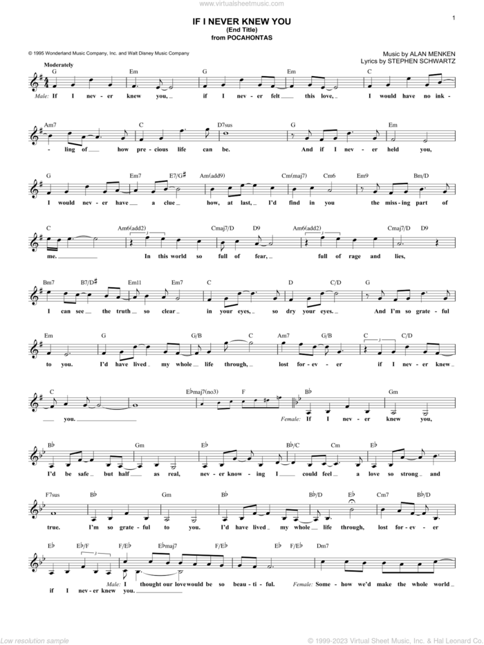 If I Never Knew You (End Title) (from Pocahontas) sheet music for voice and other instruments (fake book) by Jon Secada and Shanice, Jon Secada, Alan Menken and Stephen Schwartz, intermediate skill level