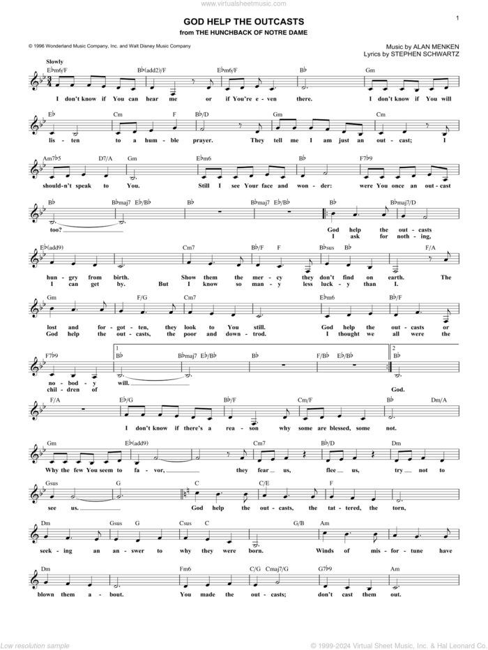 God Help The Outcasts (from The Hunchback Of Notre Dame) sheet music for voice and other instruments (fake book) by Bette Midler, Alan Menken and Stephen Schwartz, intermediate skill level