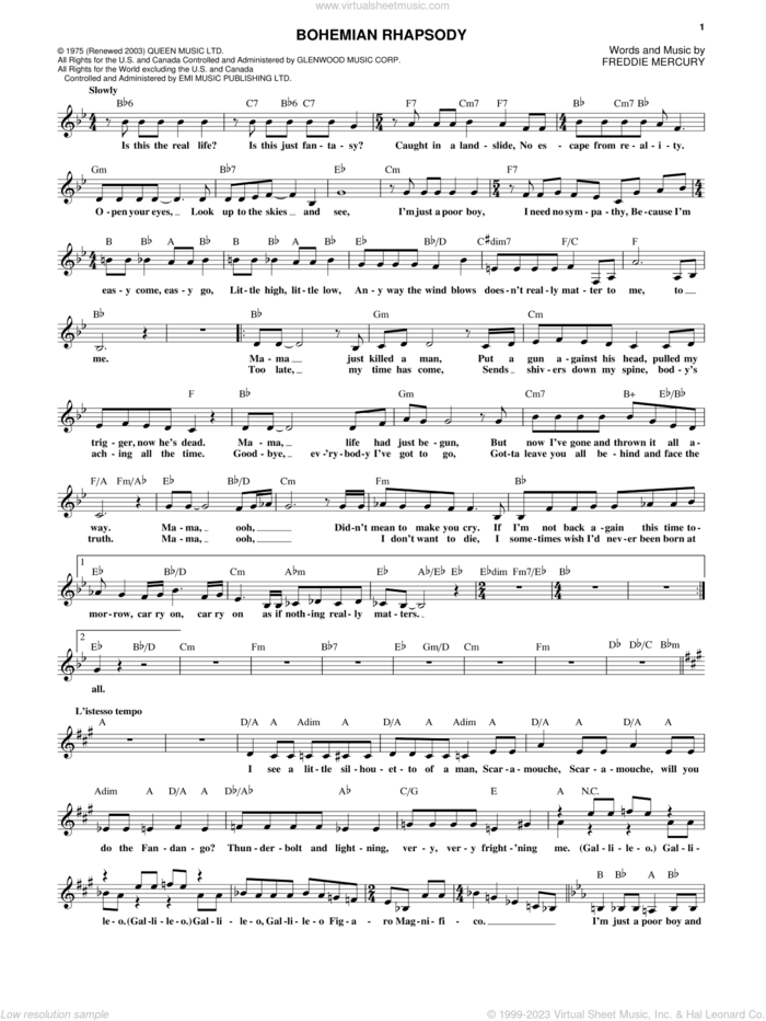 Bohemian Rhapsody sheet music for voice and other instruments (fake book) by Queen and Freddie Mercury, intermediate skill level