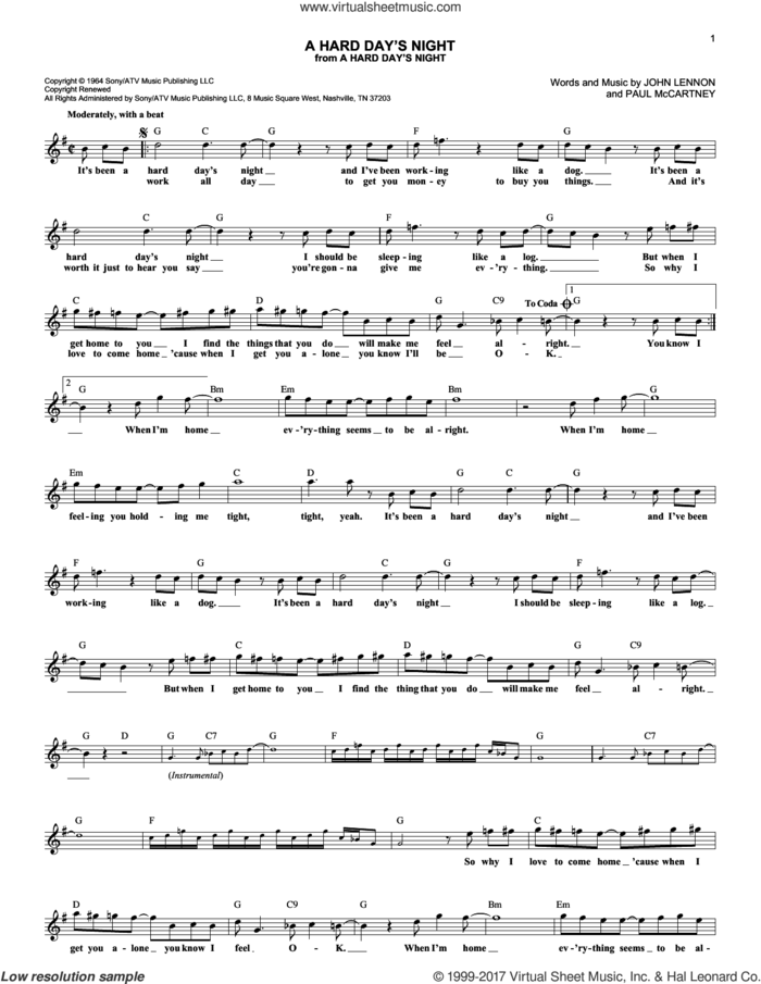 A Hard Day's Night sheet music for voice and other instruments (fake book) by The Beatles, John Lennon and Paul McCartney, intermediate skill level