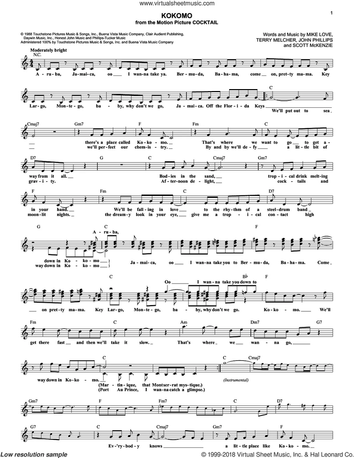 Kokomo sheet music for voice and other instruments (fake book) by The Beach Boys, John Phillips, Mike Love, Scott McKenzie and Terry Melcher, intermediate skill level