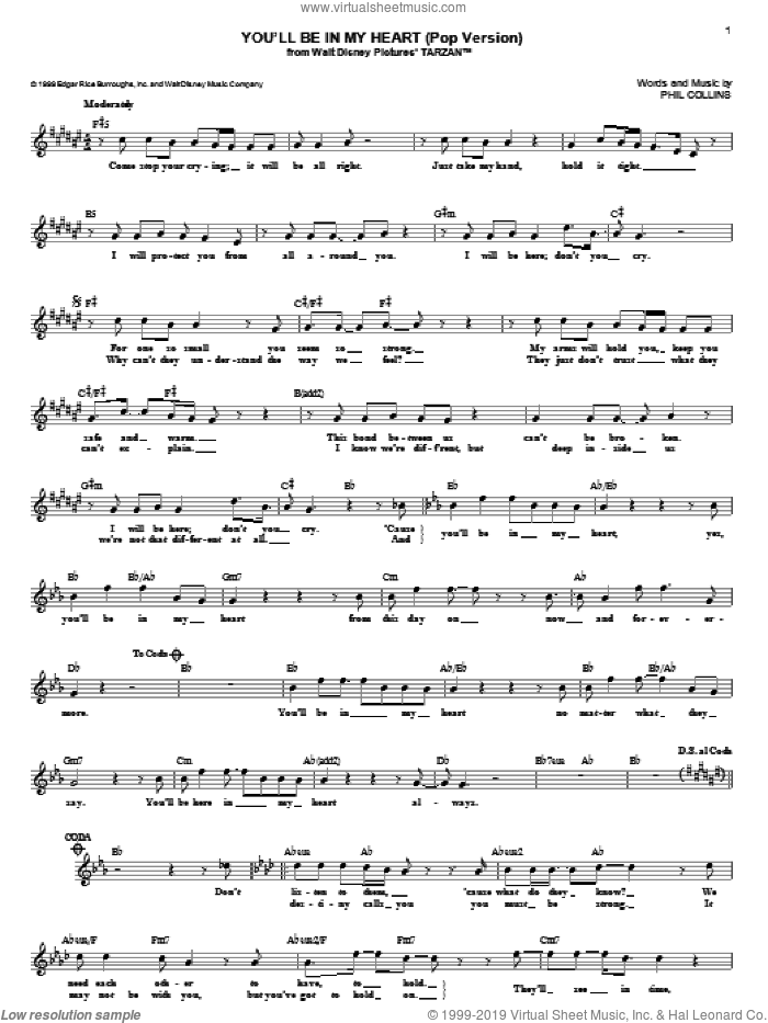 You'll Be In My Heart (Pop Version) (from Tarzan) sheet music for voice and other instruments (fake book) by Phil Collins, intermediate skill level