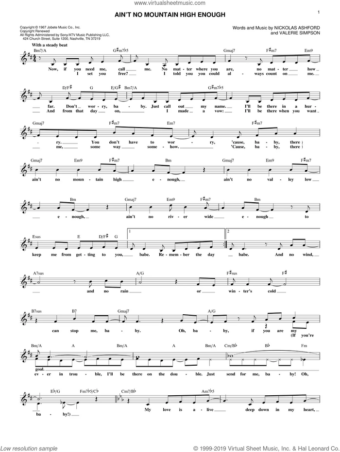 Ain't No Mountain High Enough sheet music for voice and other instruments (fake book) by Marvin Gaye & Tammi Terrell, Diana Ross, Nickolas Ashford and Valerie Simpson, intermediate skill level