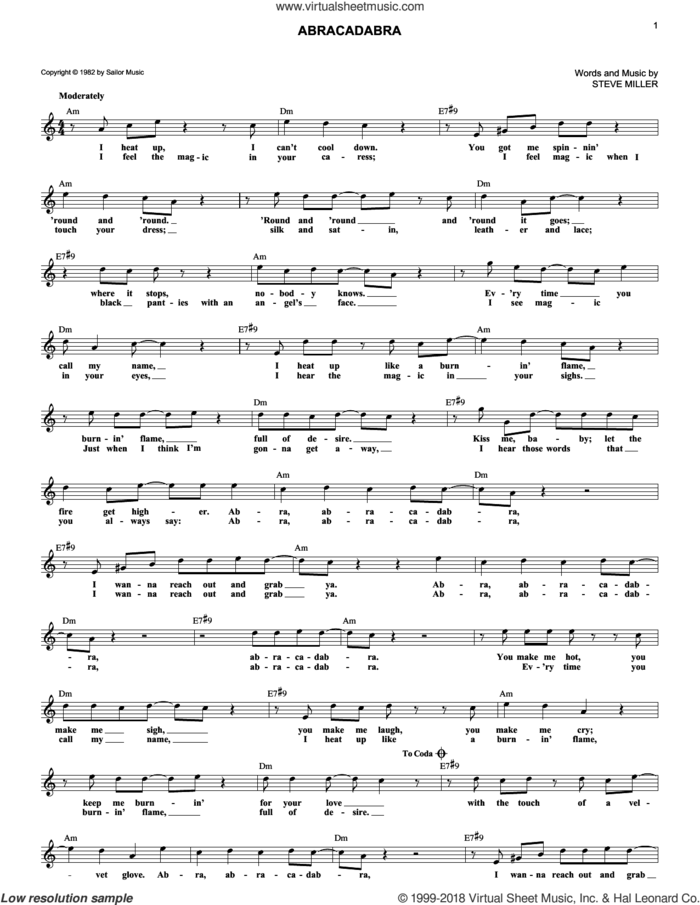 Abracadabra sheet music for voice and other instruments (fake book) by Steve Miller Band and Steve Miller, intermediate skill level