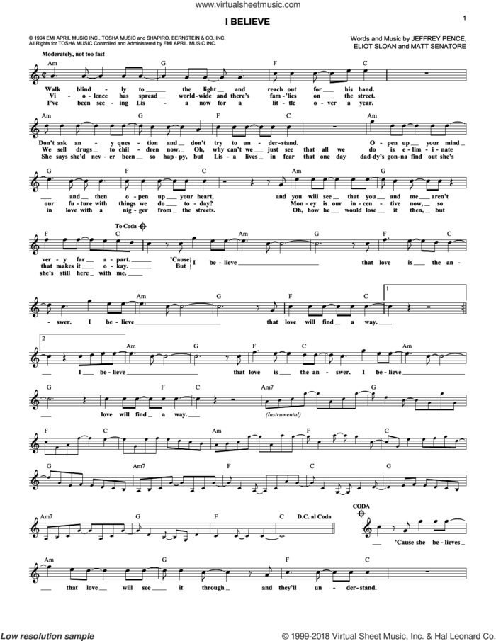 I Believe sheet music for voice and other instruments (fake book) by Blessid Union Of Souls, Eliot Sloan, Jeffrey Pence and Matt Senatore, intermediate skill level