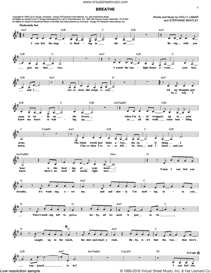 Breathe sheet music for voice and other instruments (fake book) by Faith Hill, Holly Lamar and Stephanie Bentley, intermediate skill level