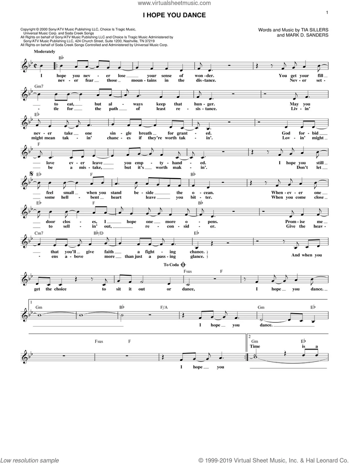 I Hope You Dance sheet music for voice and other instruments (fake book) by Lee Ann Womack, Mark D. Sanders and Tia Sillers, intermediate skill level