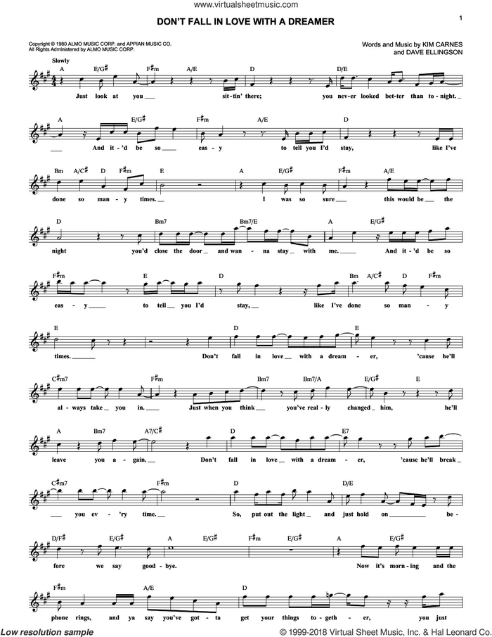 Don't Fall In Love With A Dreamer sheet music for voice and other instruments (fake book) by Kenny Rodgers & Kim Carnes, Dave Ellingson and Kim Carnes, intermediate skill level