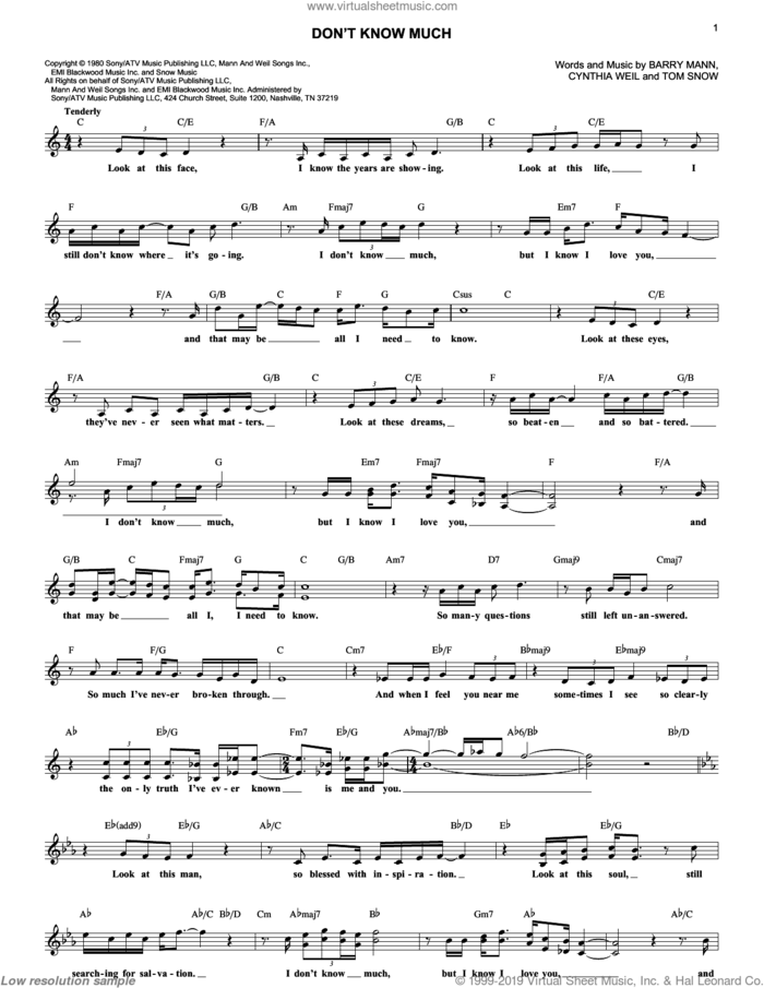 Don't Know Much sheet music for voice and other instruments (fake book) by Linda Ronstadt and Aaron Neville, Aaron Neville and Linda Ronstadt, Barry Mann, Cynthia Weil and Tom Snow, wedding score, intermediate skill level