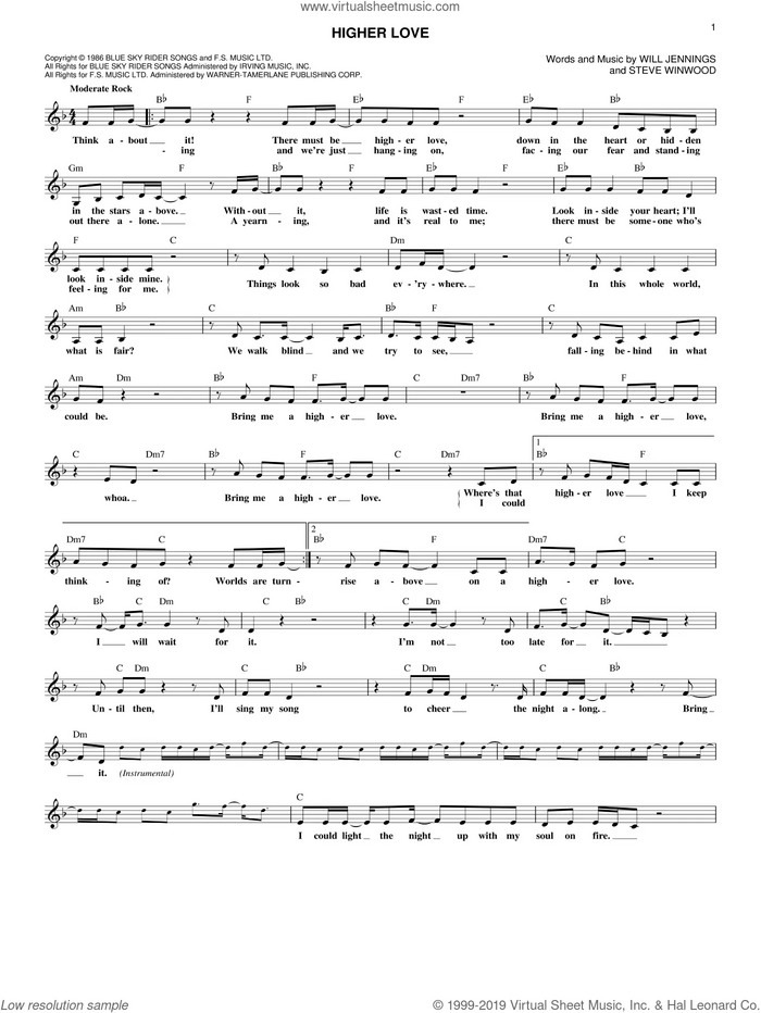 Higher Love sheet music for voice and other instruments (fake book) by Steve Winwood and Will Jennings, intermediate skill level