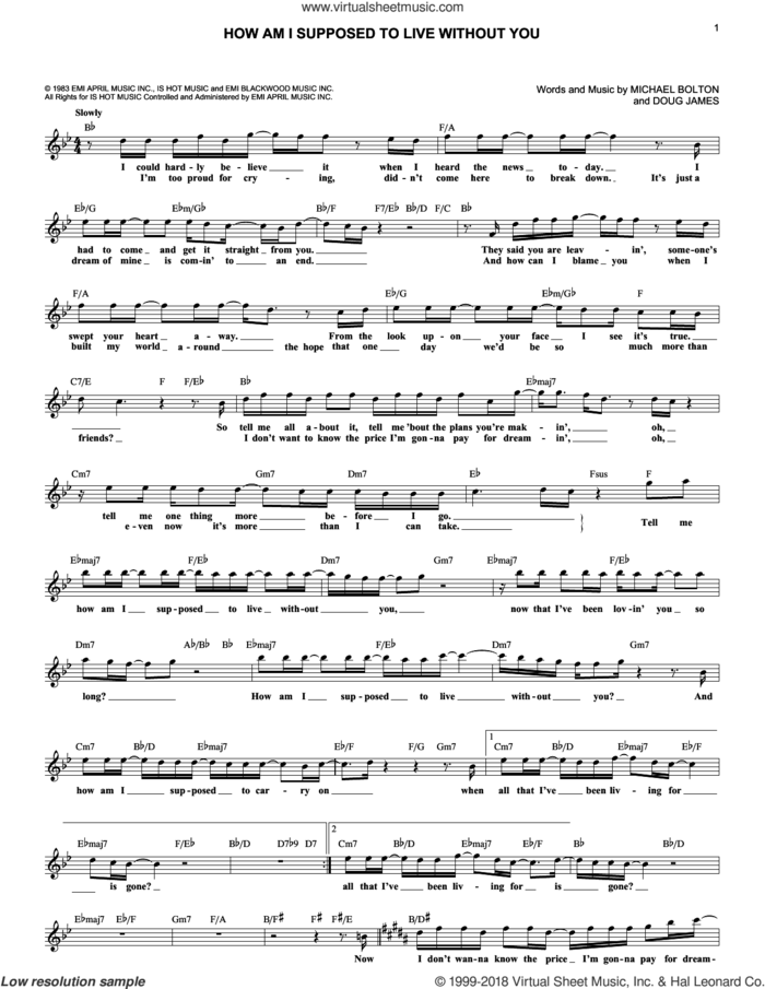 How Am I Supposed To Live Without You sheet music for voice and other instruments (fake book) by Michael Bolton and Doug James, intermediate skill level